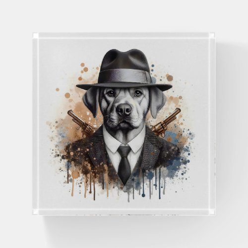 Watercolor Splatter Art Gangster Dog in Suit Tie Paperweight