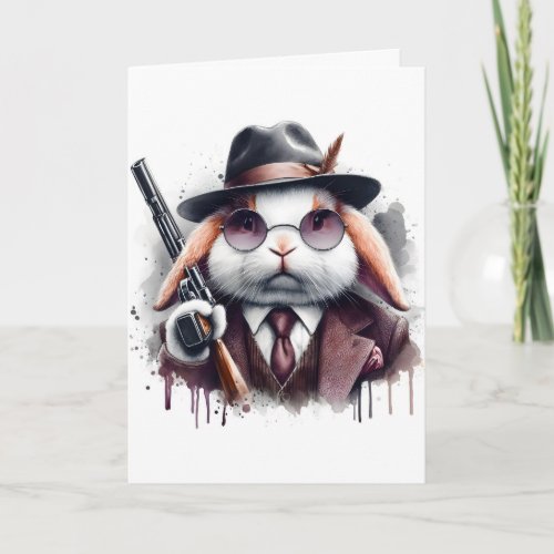 Watercolor Splatter Art Gangster Rabbit Suit Tie Card