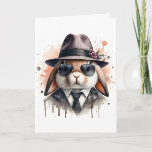Watercolor Splatter Art Gangster Rabbit Suit Tie Card