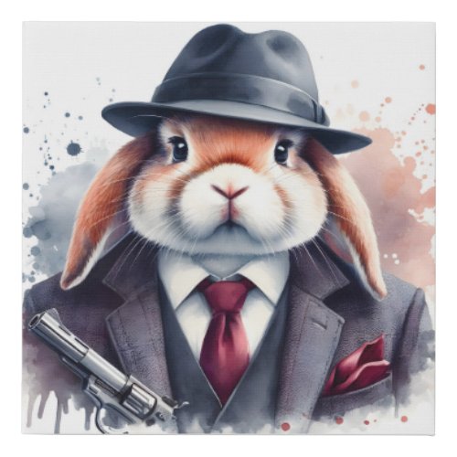 Watercolor Splatter Art Gangster Rabbit Suit Tie Faux Canvas Print