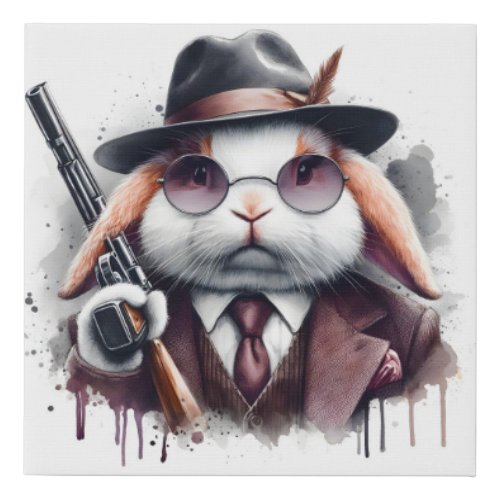 Watercolor Splatter Art Gangster Rabbit Suit Tie Faux Canvas Print