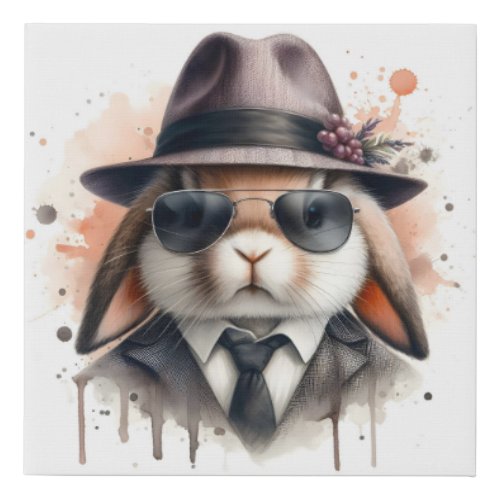Watercolor Splatter Art Gangster Rabbit Suit Tie Faux Canvas Print