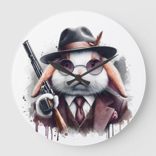 Watercolor Splatter Art Gangster Rabbit Suit Tie Large Clock