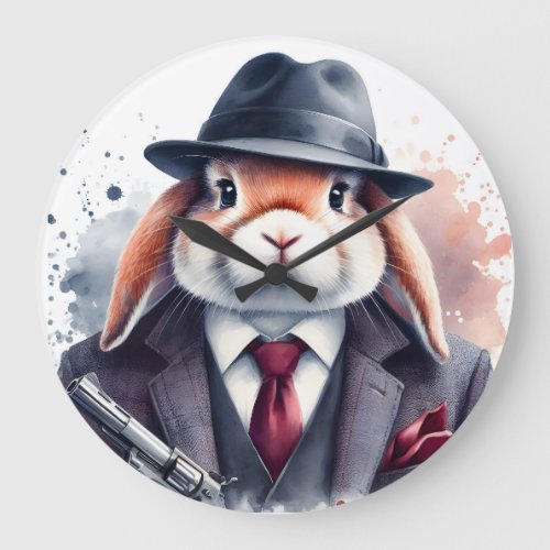 Watercolor Splatter Art Gangster Rabbit Suit Tie Large Clock