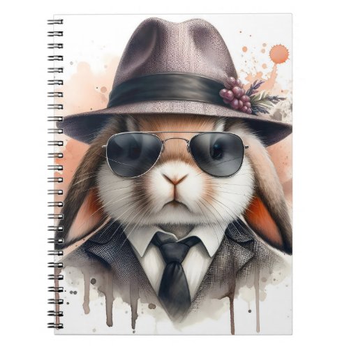 Watercolor Splatter Art Gangster Rabbit Suit Tie Notebook