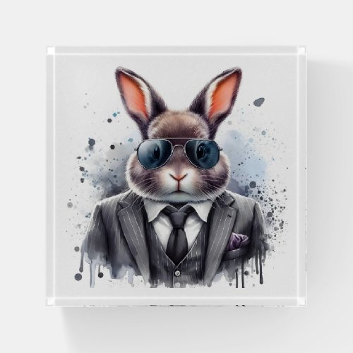 Watercolor Splatter Art Gangster Rabbit Suit Tie Paperweight