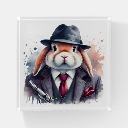 Watercolor Splatter Art Gangster Rabbit Suit Tie Paperweight