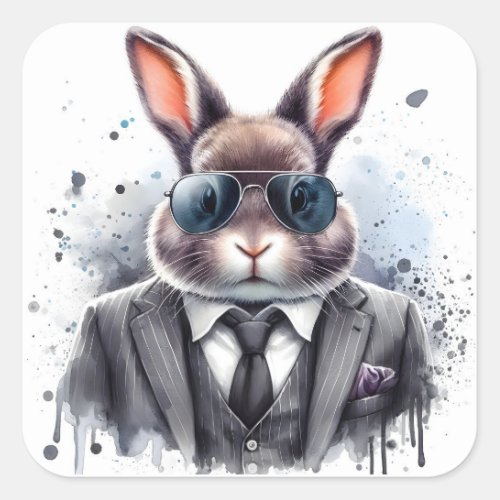 Watercolor Splatter Art Gangster Rabbit Suit Tie Square Sticker