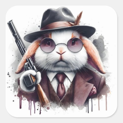 Watercolor Splatter Art Gangster Rabbit Suit Tie Square Sticker