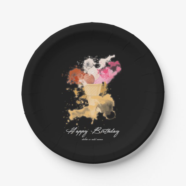 Watercolor Splatter Birthday Ice-cream Paper Plates (Front)