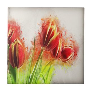 Watercolor Splatter Red Yellow Tulips Floral  Ceramic Tile