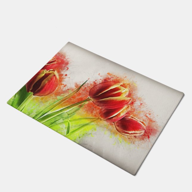 Watercolor Splatter Red Yellow Tulips Floral  Doormat (Angled)