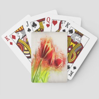 Watercolor Splatter Red Yellow Tulips Floral  Playing Cards
