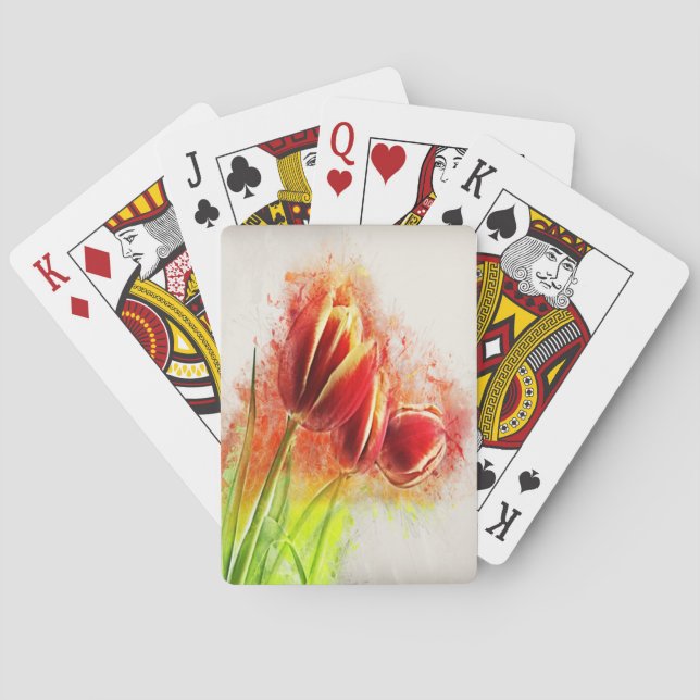 Watercolor Splatter Red Yellow Tulips Floral  Poker Cards (Back)