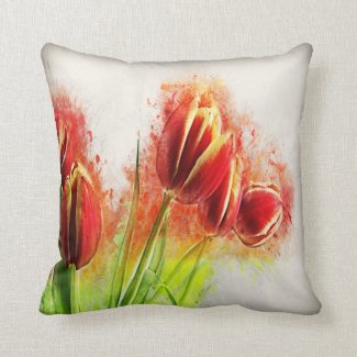 Watercolor Splatter Red Yellow Tulips Floral  Throw Pillow