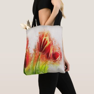 Watercolor Splatter Red Yellow Tulips Floral  Tote Bag
