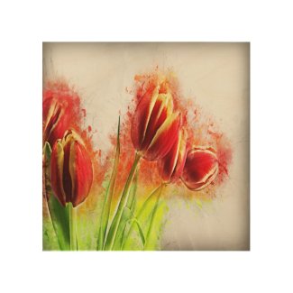 Watercolor Splatter Red Yellow Tulips Floral  Wood Wall Art