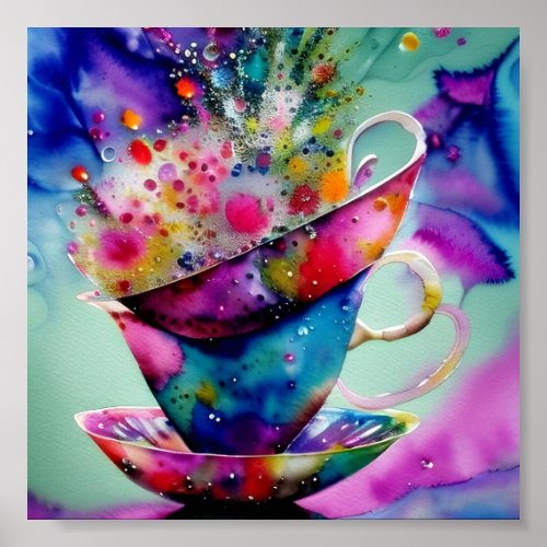 Watercolor splatter teacups poster