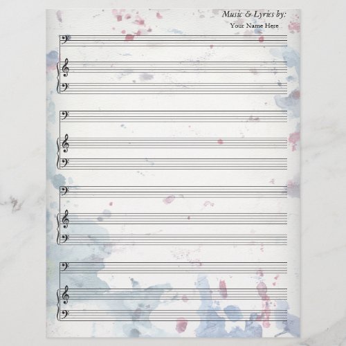 Watercolor Splatters Blank Sheet Music Bass Clef