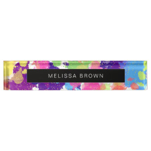 Watercolor Splatters Colorful Abstract Modern Desk Name Plate
