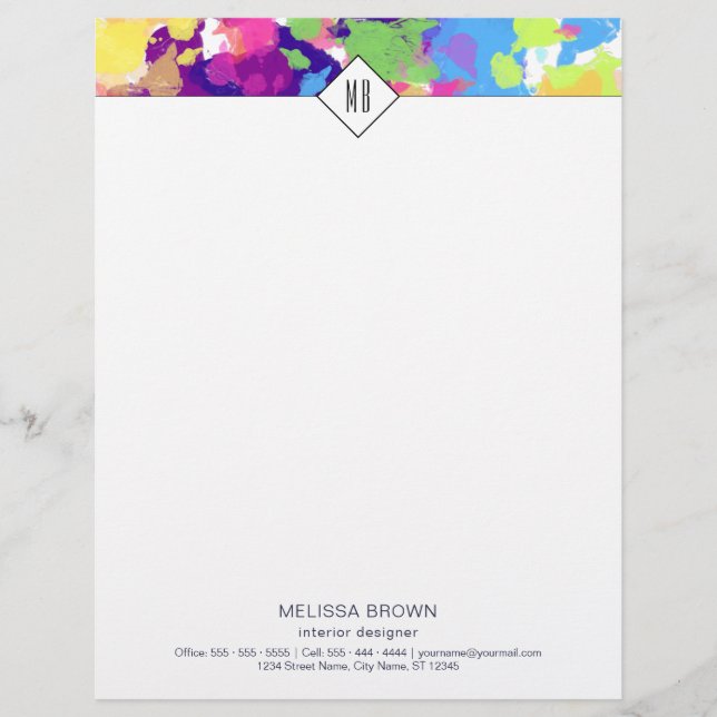 Watercolor Splatters Colorful Abstract Modern Letterhead (Front)