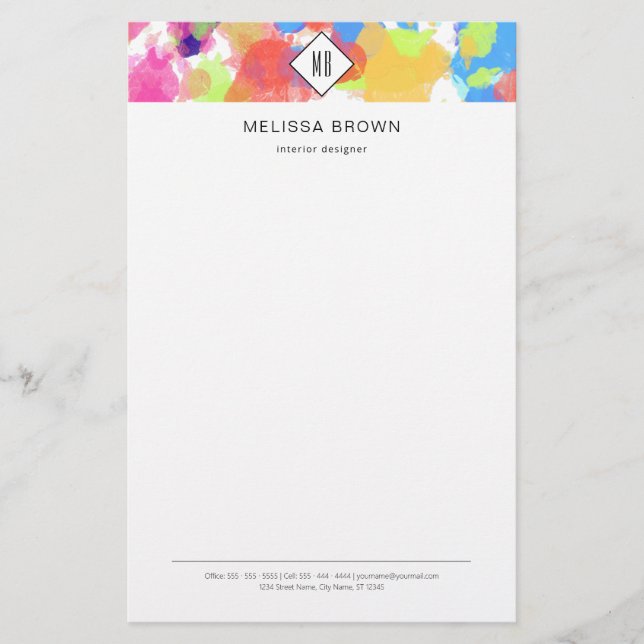 Watercolor Splatters Colorful Abstract Modern Stationery (Front)