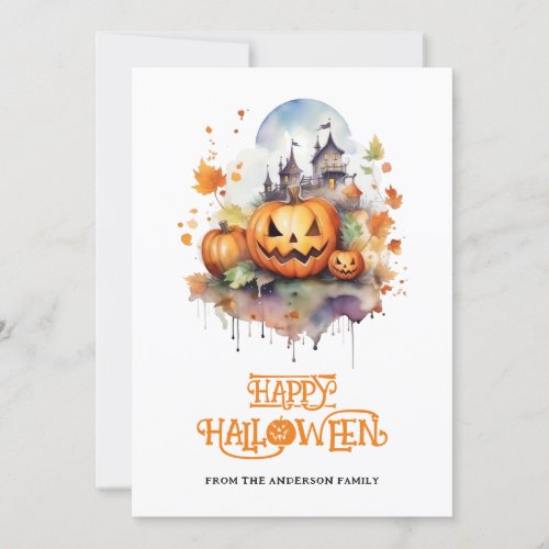 Watercolor Spooky Pumpkins Haunted House Halloween Holiday Card