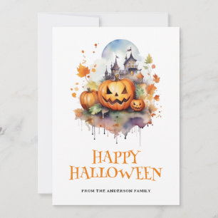 Watercolor Spooky Pumpkins Haunted House Halloween Holiday Card