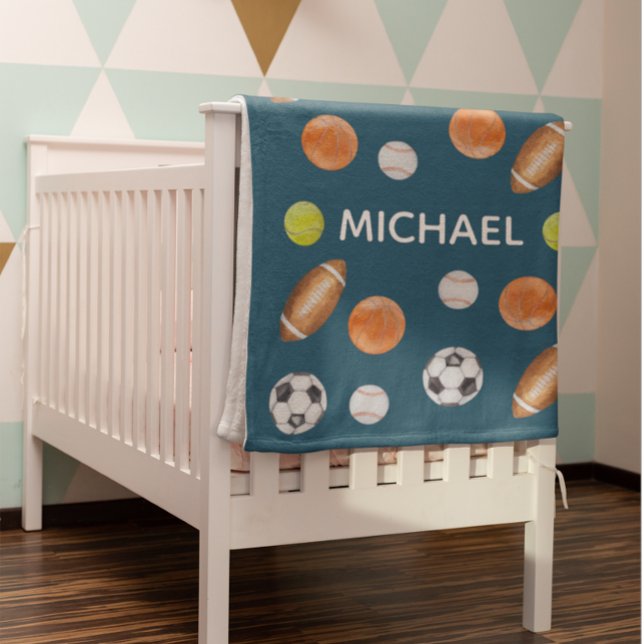 Watercolor Sports Ball Name Monogram All Star Fleece Blanket (Creator Uploaded)