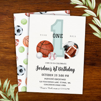 Watercolor Sports "Born to Ball" 1st Birthday Invitation