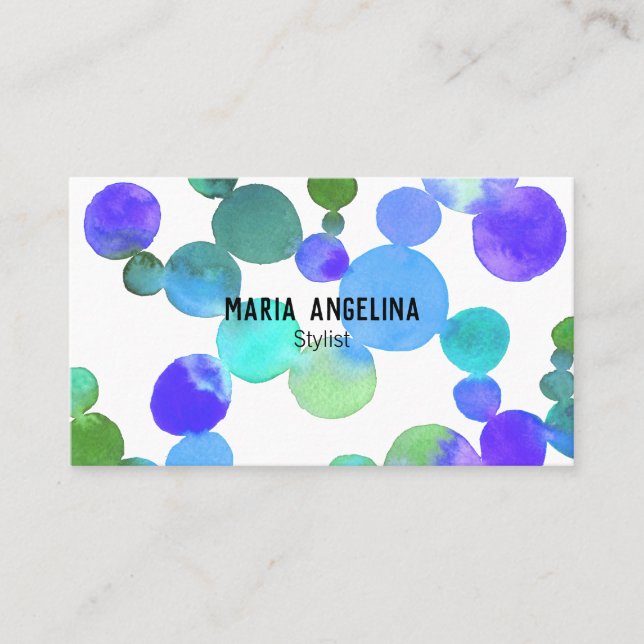 Watercolor Spots and Dots Blue Purple Green Business Card (Front)