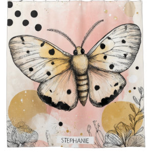 Watercolor Spotted Tiger Moth Pink Gold Boho Art Shower Curtain