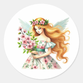 Watercolor Spring Baby Fairy Classic Round Sticker