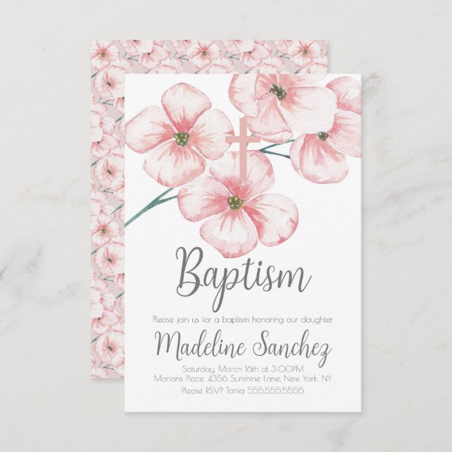 Watercolor Spring Baptism Floral Pink Dedication  Invitation (Front/Back)