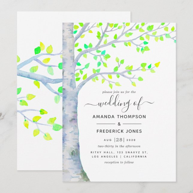 Watercolor Spring Birch Tree Wedding invitation (Front/Back)