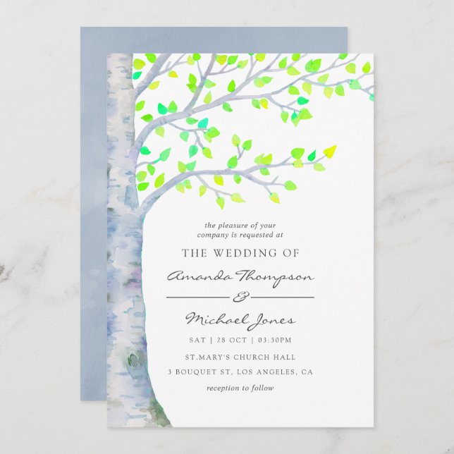 Watercolor Spring Birch Tree Wedding invitation (Front/Back)