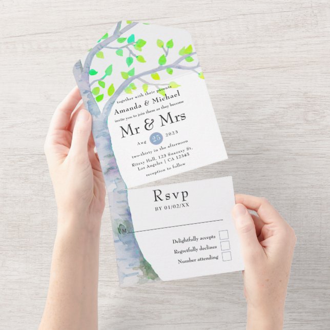 Watercolor Spring Birch Tree Wedding invitation (Tearaway)