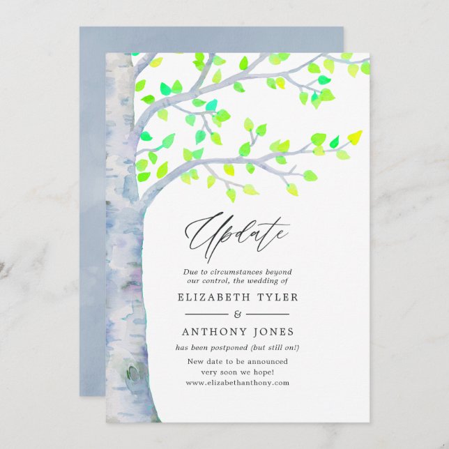 Watercolor Spring Birch Tree Wedding Update Invitation (Front/Back)