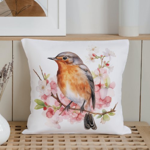 Watercolor Spring Birds and Blooms Throw Pillow