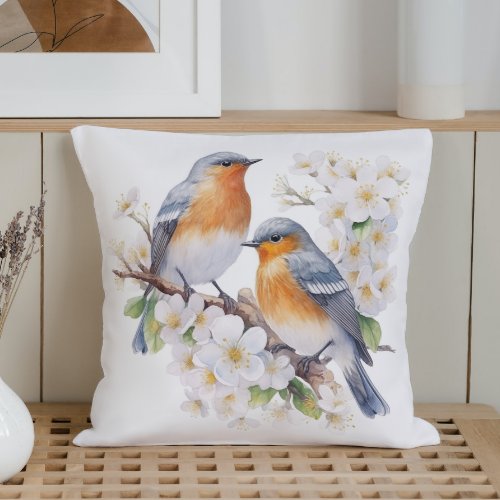 Watercolor Spring Birds and Blooms Throw Pillow