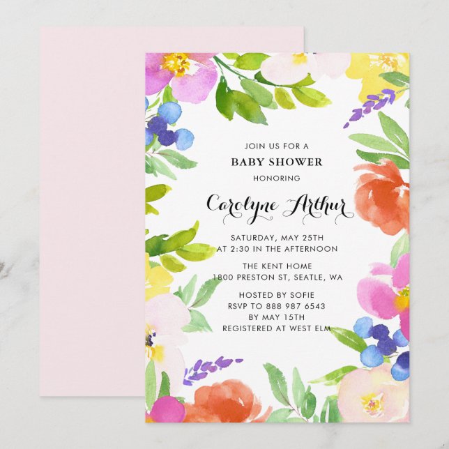 Watercolor Spring Blooms Baby Shower Invitation II (Front/Back)