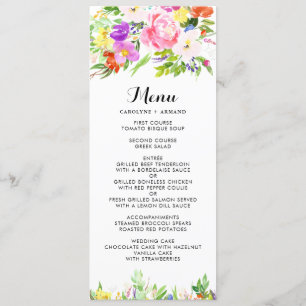Watercolor Spring Blooms Floral Wedding Menu Card