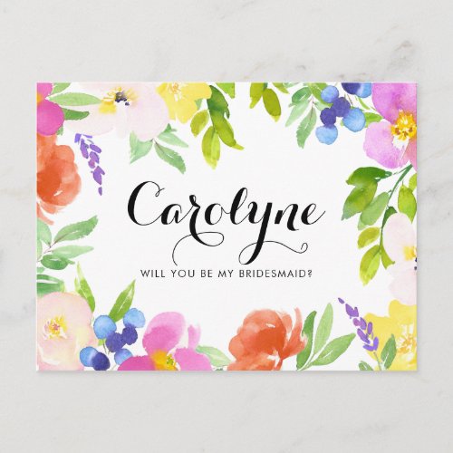 Watercolor Spring Blooms Will You Be My Bridesmaid Invitation Postcard