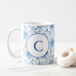 Watercolor Spring Blue Flowers Monogram Letter Coffee Mug