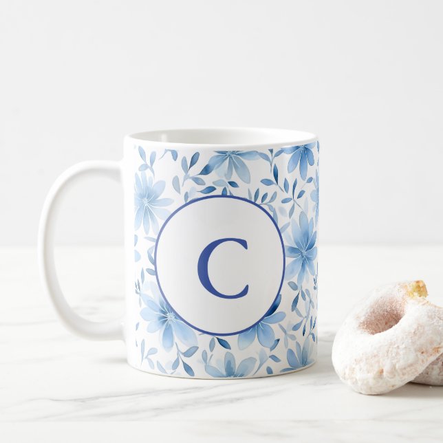 Watercolor Spring Blue Flowers Monogram Letter  Coffee Mug (With Donut)