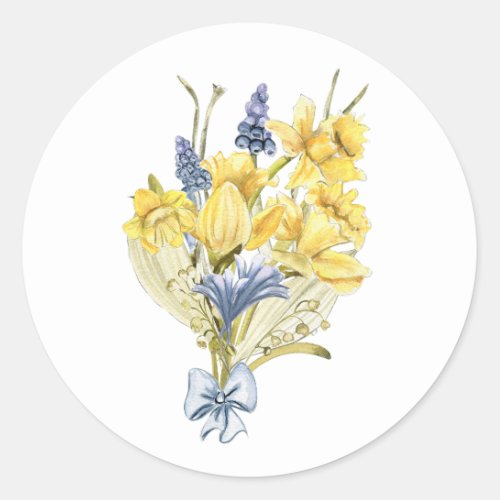 Watercolor Spring Bouquet with Yellow Daffodils Classic Round Sticker