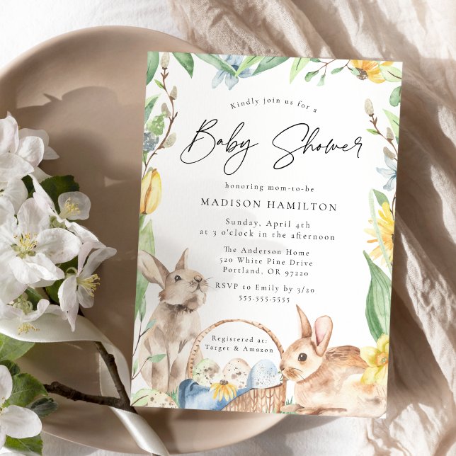 Watercolor Spring Bunnies Baby Shower Invitation