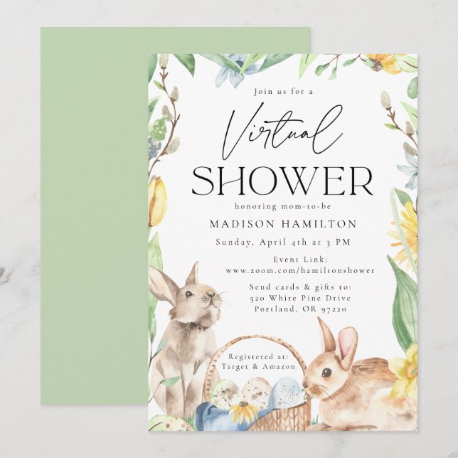 Watercolor Spring Bunnies Virtual Baby Shower Invitation (Front/Back)