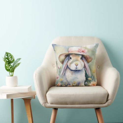 Watercolor Spring Bunny With Bonnet Throw Pillow
