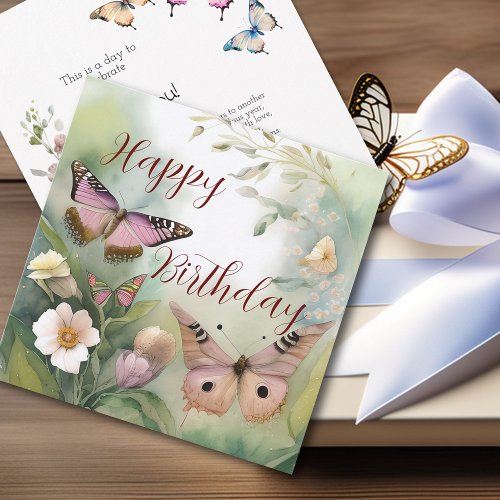 Watercolor Spring Butterfly and Flowers Birthday Card